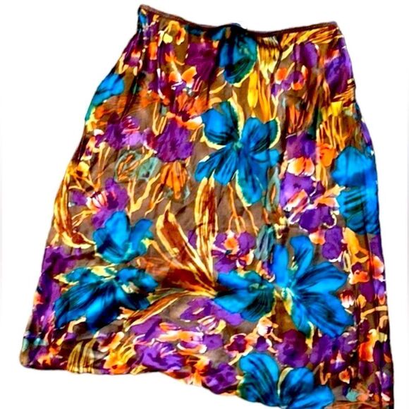 100% silk Calvin Klein lightweight brown aqua orange skirt floral ripple hem 6 - Picture 1 of 14